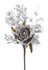 Vetvička s ružou sivo - strieborná 26 cm