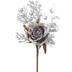 Vetvička s ružou sivo - strieborná 26 cm